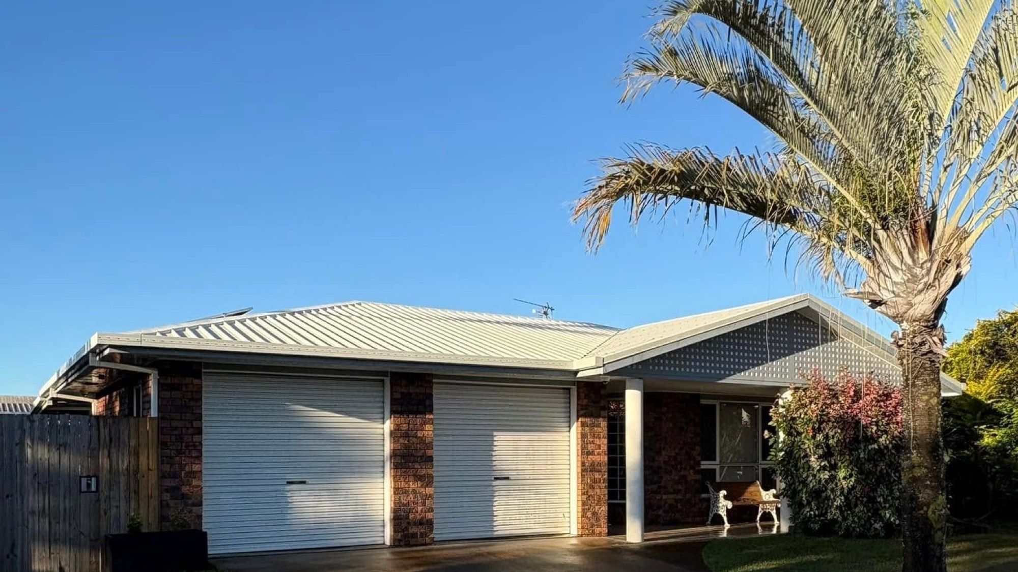 A lowset brick home with a palm tree in the front yard in Mackay